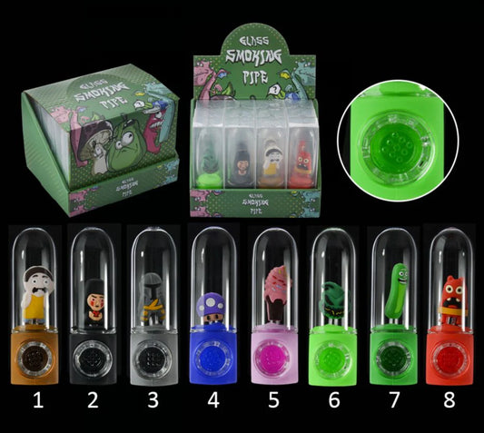 4" CHARACTER SILICONE AND GLASS HAND PIPE/ DISPLAY OF 12 ASSORTED DESIGNS